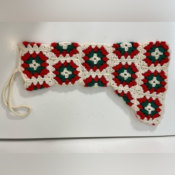 Vintage Christmas Stocking Handcrafted Granny Square Crochet White Red Green - Picture 4 of 4